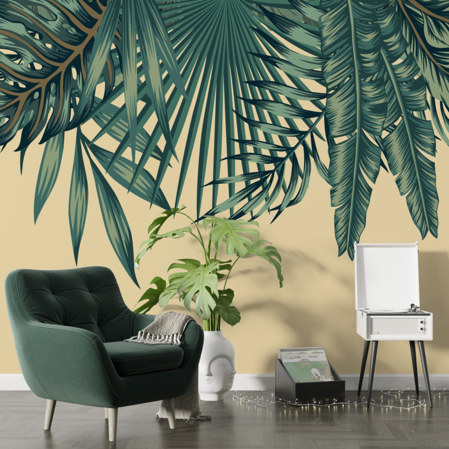 Fototapete mit tropischem Grün auf beigem Hintergrund Bouquet of Green Leaves - Hauptproduktbild