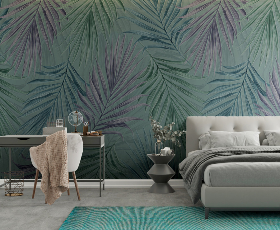 Fototapete mit Pflanzenmotiv auf dunklem Hintergrund Bunte Palmblätter - Hauptproduktbild