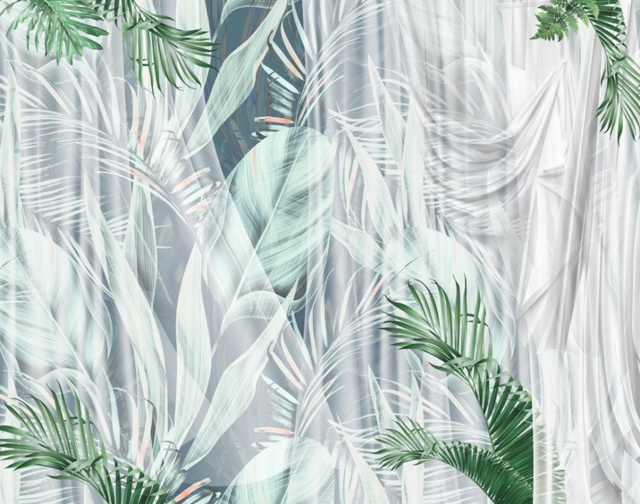 Fototapete mit tropischem Motiv in Weiß Blätter hinter einem weißen Vorhang - Bild Nummer 2