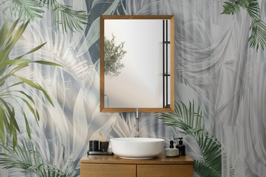 Fototapete mit tropischen Motiven in weiß Leaves Behind a White Curtain - Hauptproduktbild von