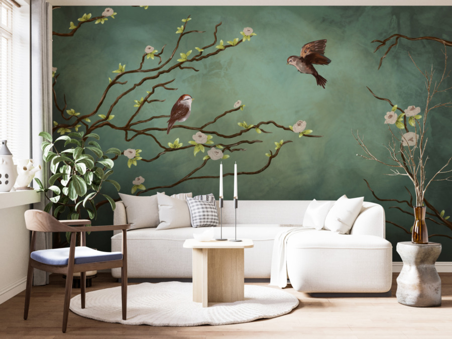 Natur Fototapete auf dunkelgrünem Hintergrund Paar Vögel auf einem blühenden Baum für Wohnzimmer - Hauptproduktup Bild
