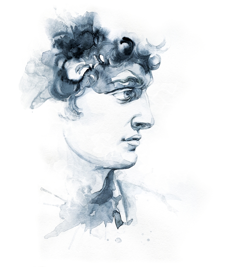 Wandgemälde mit einer Zeichnung von Michelangelos Skulptur Kopf Profil des David - Bild Nummer 2