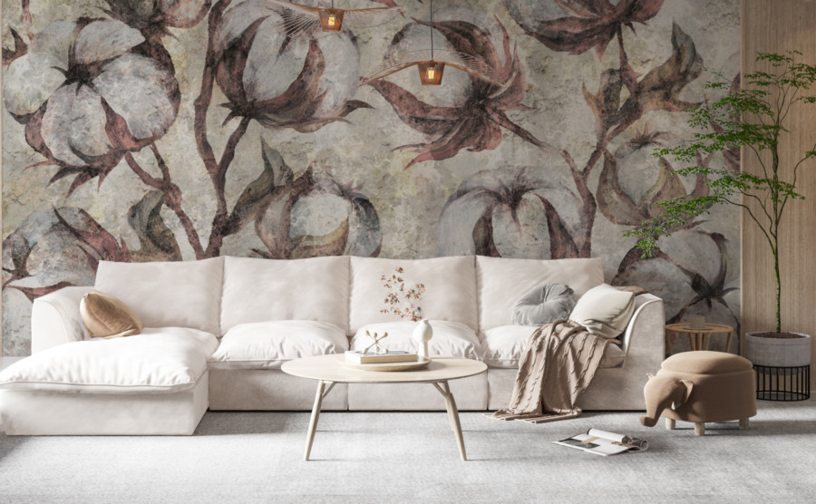 Helle Fototapete mit braunen Akzenten Cotton Flower Wall - Hauptproduktbild