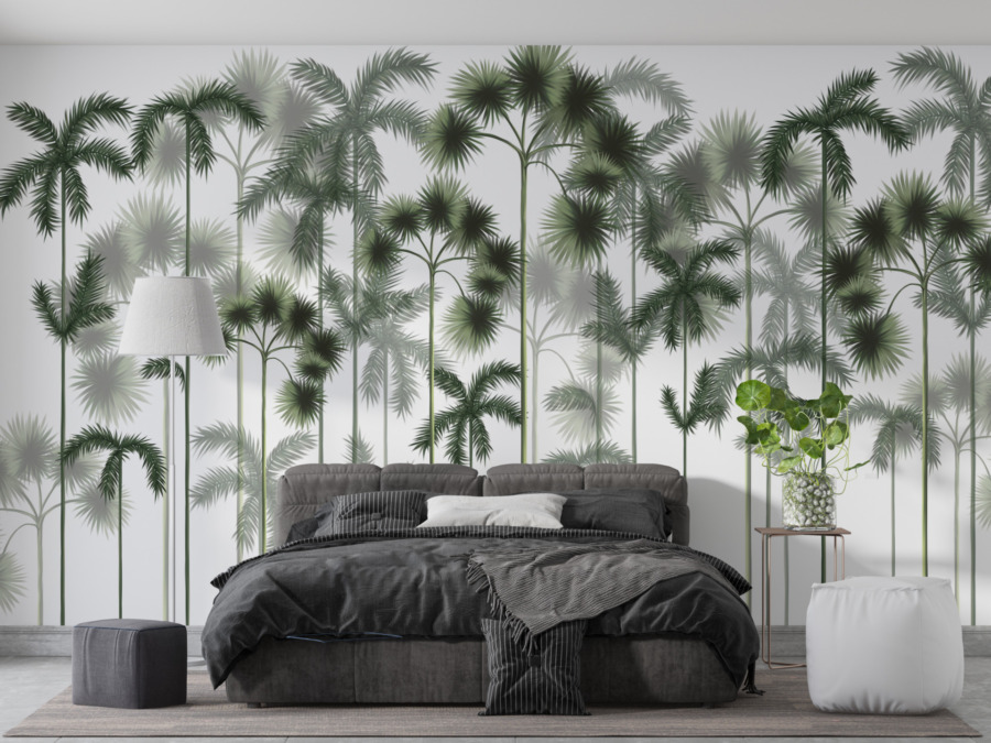 Fototapete mit hohen Palmen im Nebel Grüner Palmenwald für Schlafzimmer - Hauptproduktbild