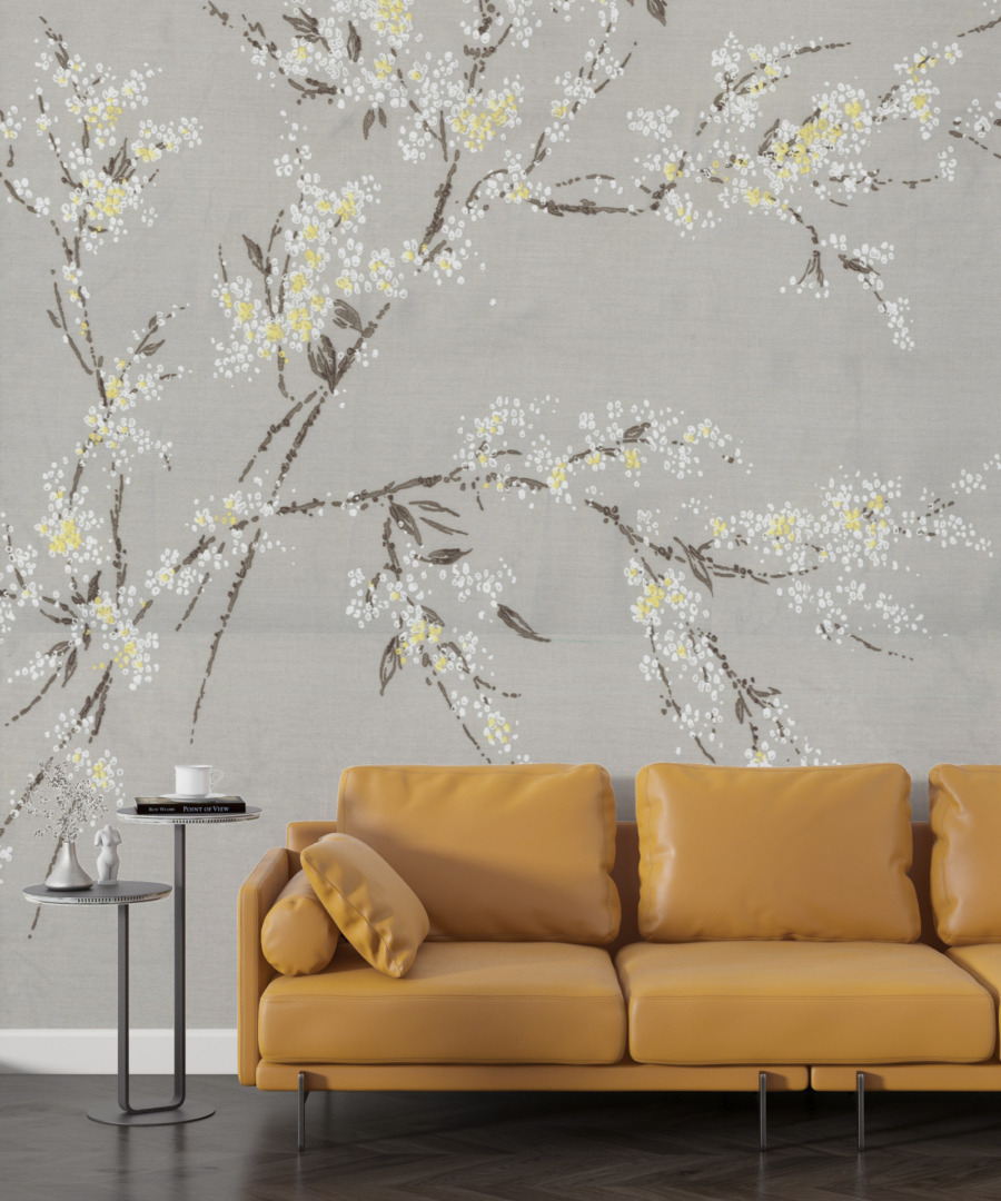 Wandbild eines blühenden Baumes auf grau-blauem Hintergrund Weiß der Frühlingsblumen - Hauptproduktbild