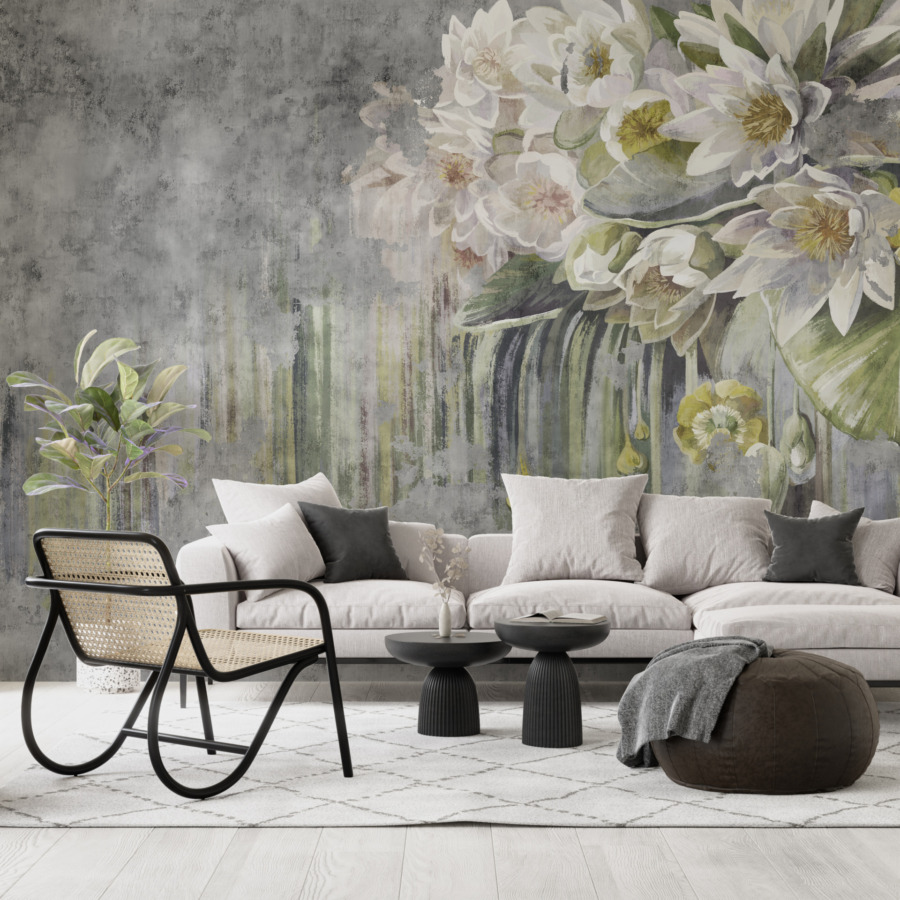 Fototapete mit Blumenmotiv auf grauem, heterogenem Hintergrund Bouquet of White Nenufars - Hauptproduktbild