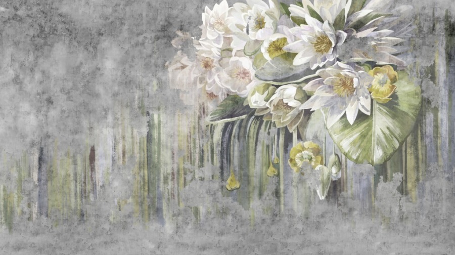 Fototapeta z motywem kwiatowym na szarym niejednorodnym tle Bukiet Białych Nenufarów - zdjęcie numer 2