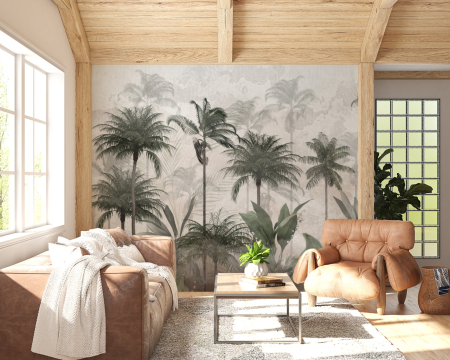 Fototapete mit hohen Palmen auf grauem Hintergrund Jungle Beyond the Mist - Hauptproduktbild