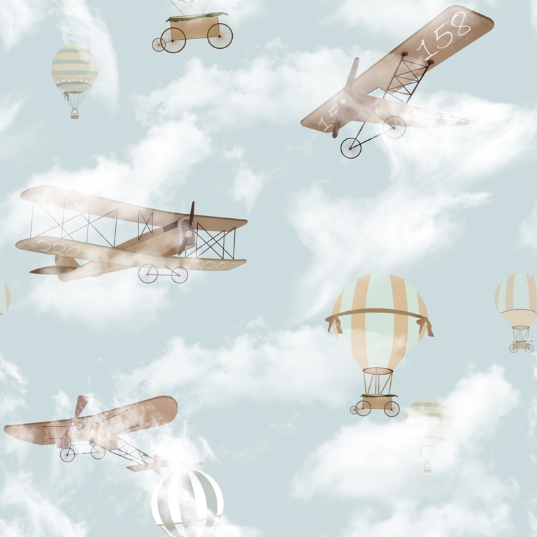 Fototapete mit Flugzeugen und Luftballons in einem blauen Himmel Flying in the Clouds - Bild Nummer 2