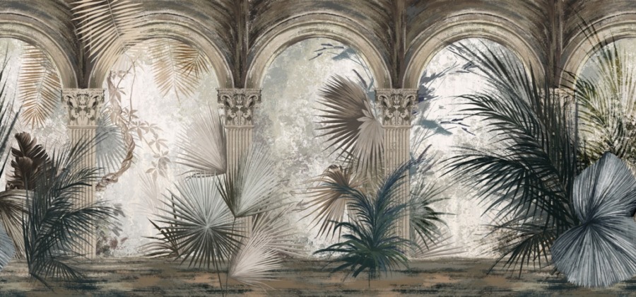 3D-Wandmalerei mit Palmenblättern zwischen den Säulen Palmenkolonnade - Bild Nummer 2