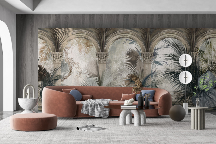 3D-Wandmalerei mit Palmenblättern zwischen Säulen Palmenkolonnade - Hauptproduktbild