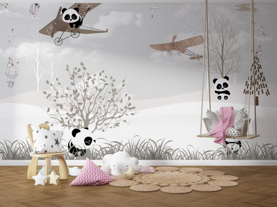 Fototapete mit grauem Himmel, Flugzeug und Pandabären in einem Flugzeug für Kinder - Hauptproduktbild