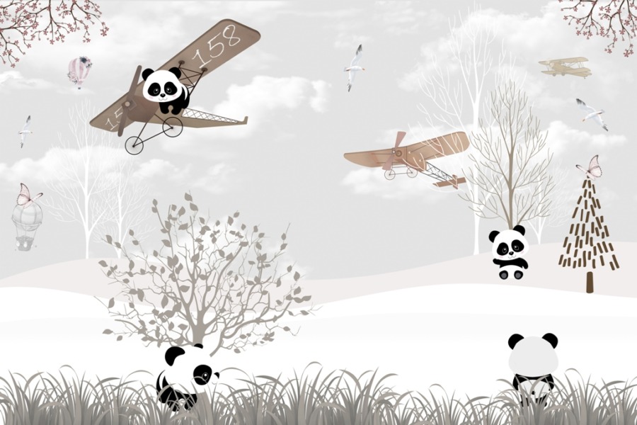 Fototapete mit grauem Himmel, Flugzeug und Pandabären in Plane for Kids - Bild Nummer 2