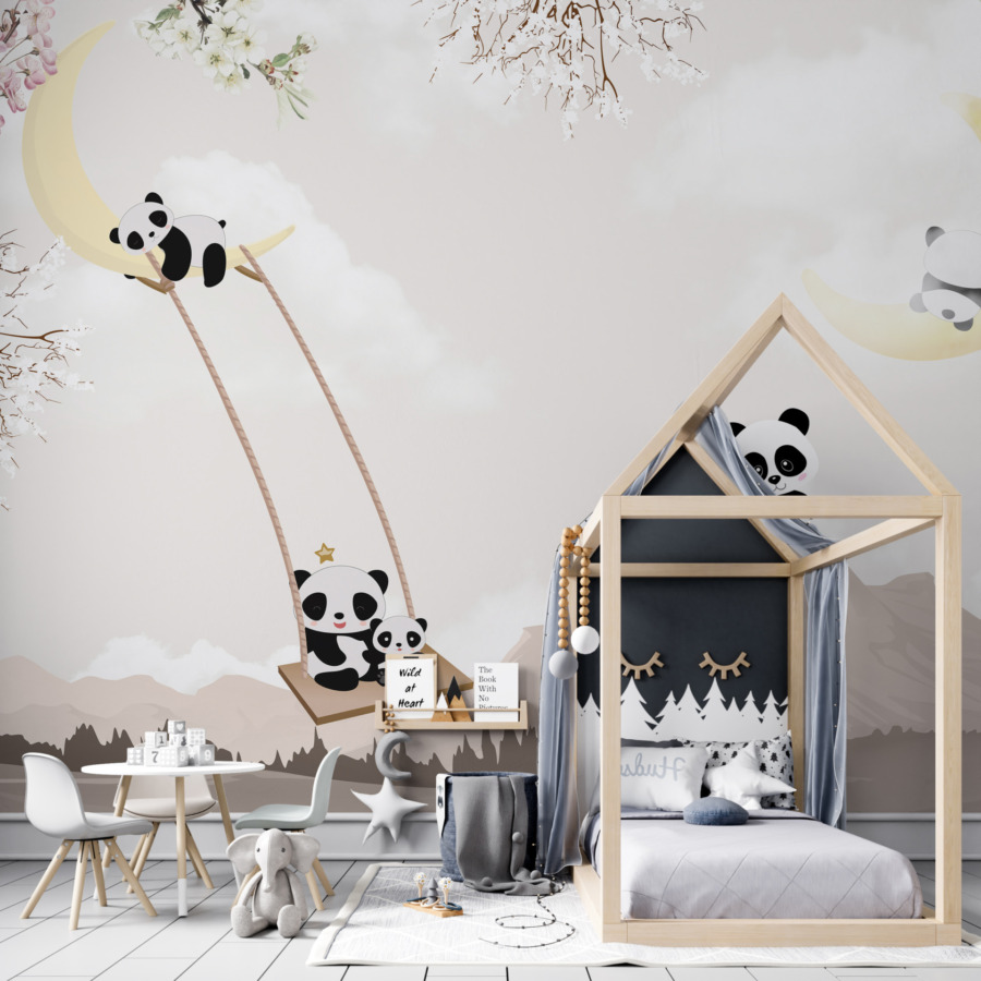 Fototapete in sanften Farben für Kinder Pandas auf einer Schaukel - Hauptproduktbild