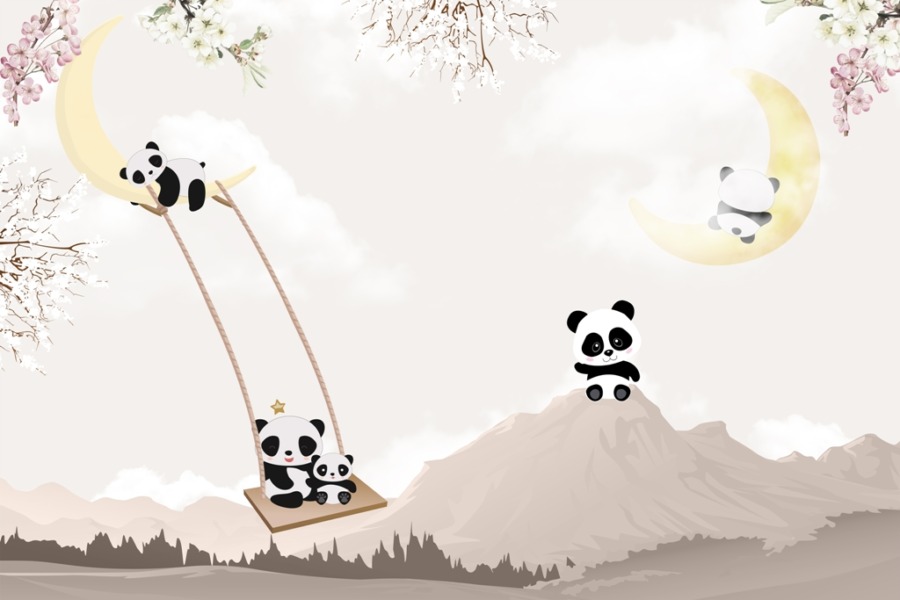 Fototapete in sanften Farben für Kinder Pandas auf einer Schaukel - Bild Nummer 2