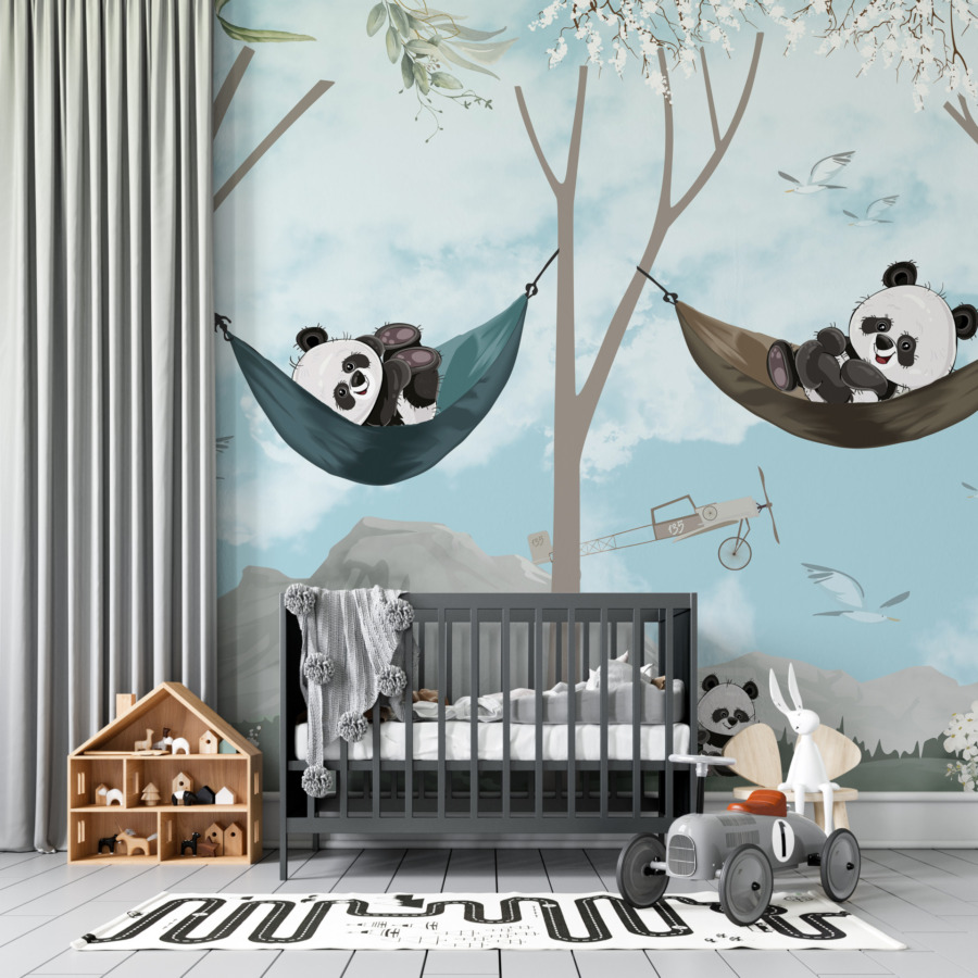 Fototapete in Blautönen für Kinder Fröhliche Pandas auf einer Hängematte - Hauptproduktbild
