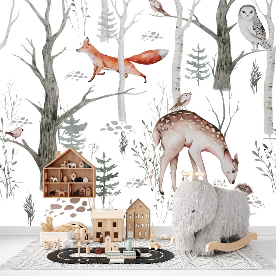 Kinder-Winterwaldlandschaft mit einem Reh und einem Igel - Hauptproduktbild