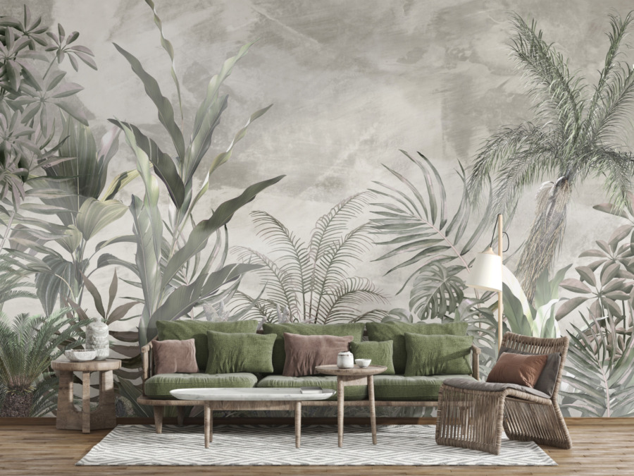 Fototapete in Grün- und Grautönen Wand aus exotischen Pflanzen - Hauptproduktbild