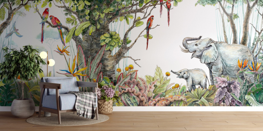 Fototapete mit exotischen Tieren und Pflanzen Elefanten in einem bunten Dschungel - Hauptproduktbild