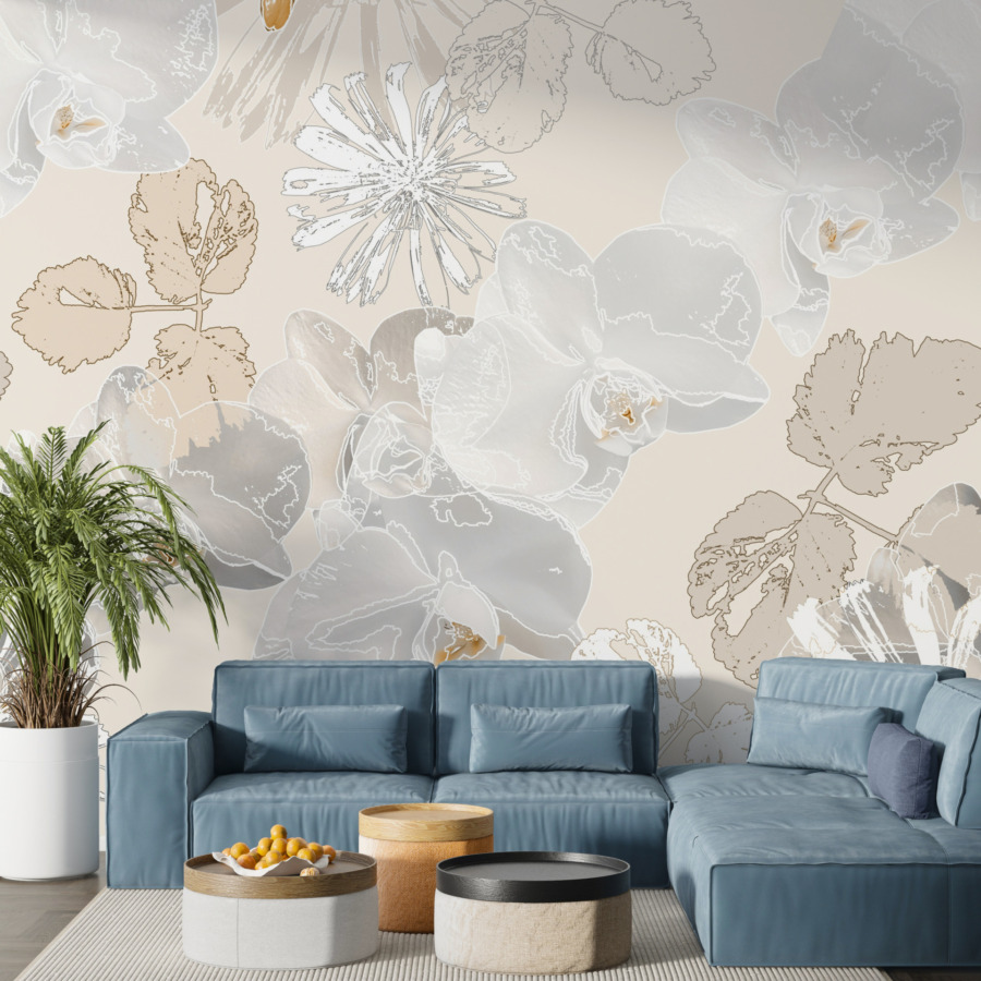 Pastellfarbene Fototapete mit zartem Blumenmotiv Graue Orchideen und weiße Gänseblümchen - Hauptproduktbild