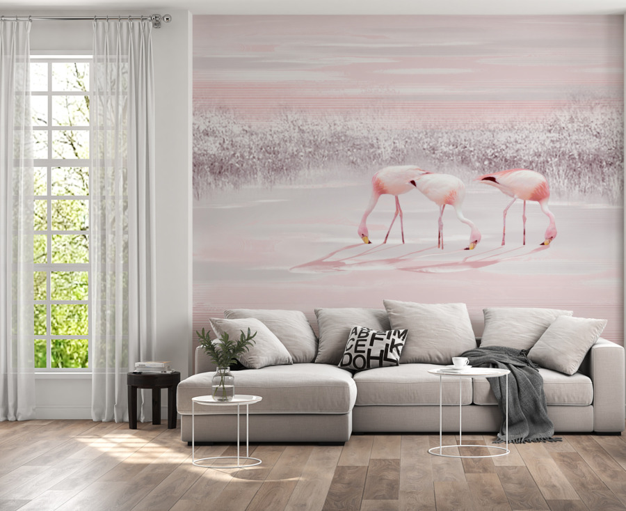 Fototapete in rosa gedeckten Tönen Drei Flamingos - Hauptproduktbild