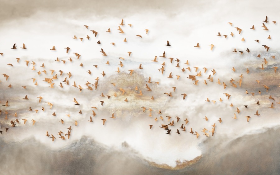 Fototapete mit fliegenden Vögeln in einem dunstigen Himmel Golden Birds - Bild Nummer 2
