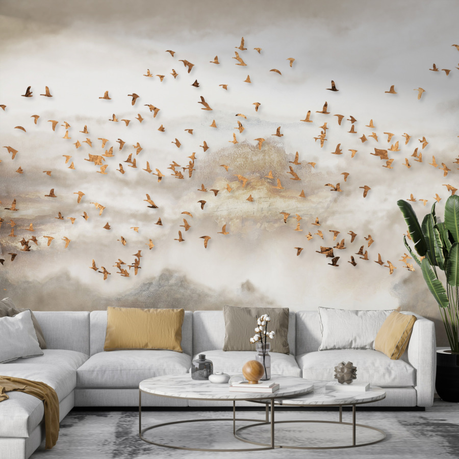 Fototapete mit fliegenden Vögeln in einem dunstigen Himmel Golden Birds - Hauptproduktbild