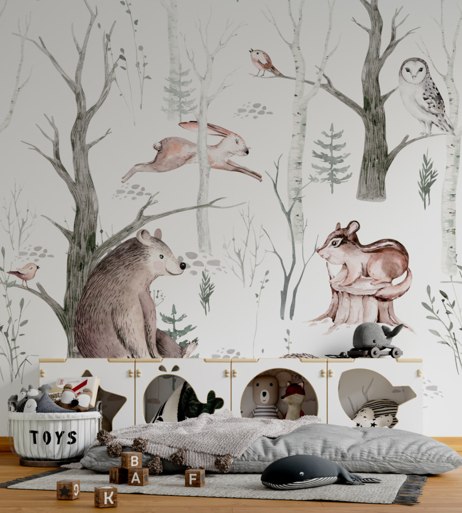 Fototapete mit Teddybär und Hase in einer Winterszene für Kinder Tiere im Wald - Hauptproduktbild