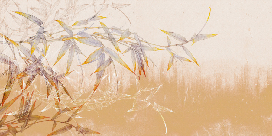 Leuchtend bunte florale Fototapete Bamboo Leaves On Apricot Wall - Bildnummer 2