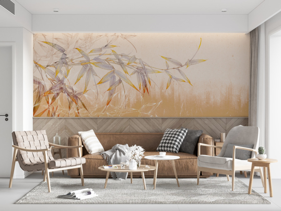 Bunte florale Fototapete Bamboo Leaves On Apricot Wall - Hauptproduktbild