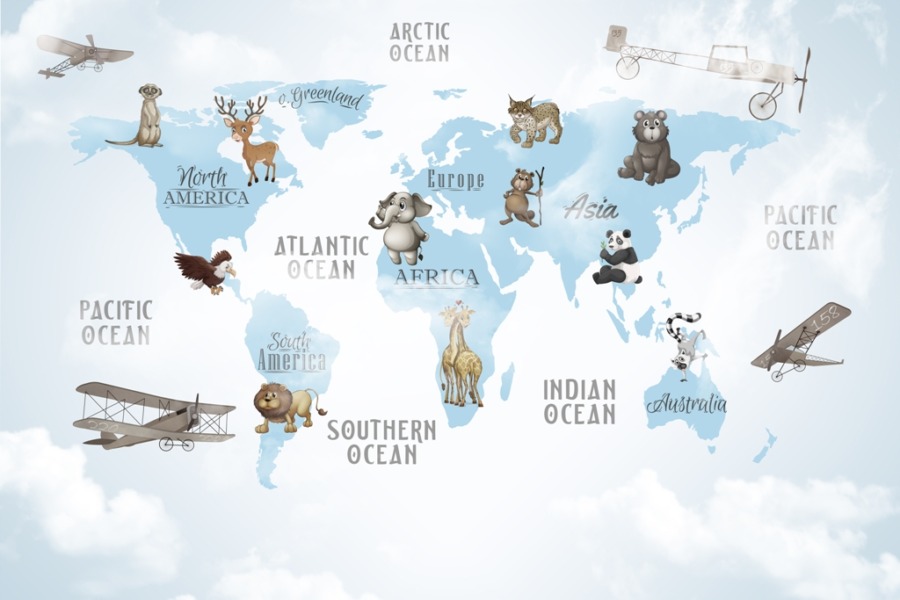 Fototapeta z wesołymi zwierzątkami Błękitna Mapa Świata dla dzieci - zdjęcie numer 2