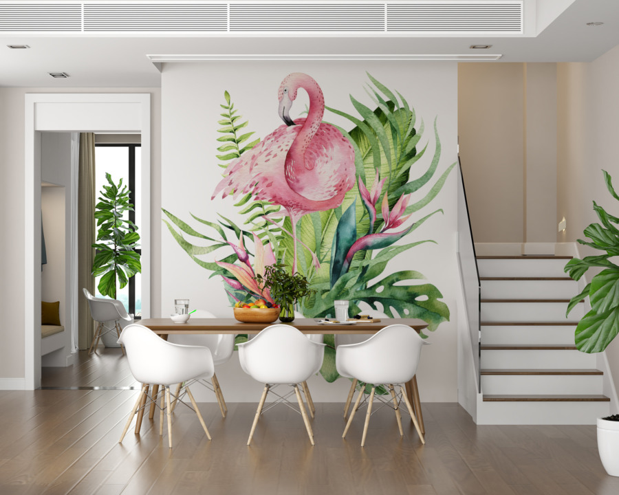Fototapete auf hellem Hintergrund mit exotischem Motiv Flamingo in Blättern - Hauptproduktbild