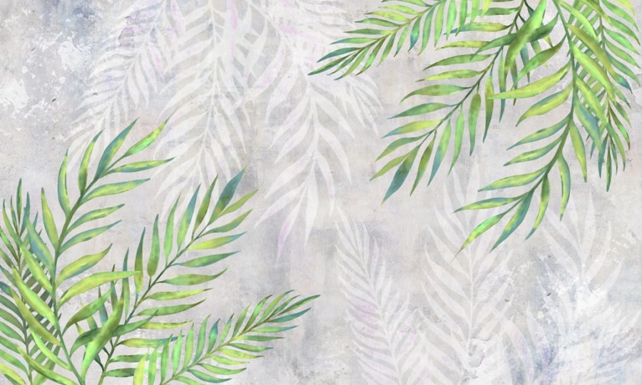 Fototapeta z motywem roślin tropikalnych w odcieniach zieleni i szarości Gałązki Palmowe - zdjęcie numer 2