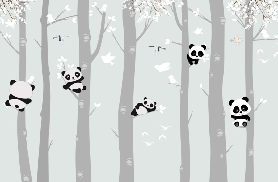 Fototapete für Kinder in gedeckten Farben Pandabären auf Bäumen - Bild Nummer 2