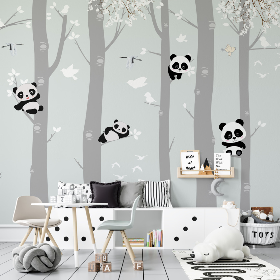 Fototapete für Kinder in gedeckten Farben Panda-Bären auf Bäumen - Hauptproduktbild