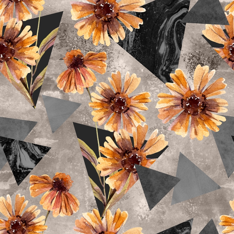 Fototapeta z abstrakcją w formacie 3D Pomarańczowe Kwiaty i Szare Trójkąty - zdjęcie numer 2