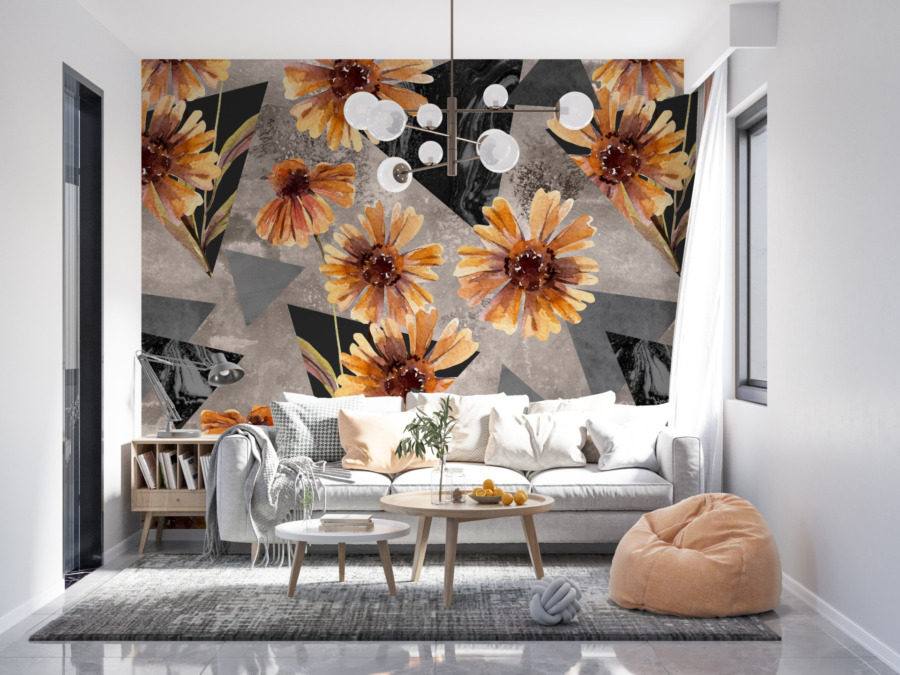 Abstrakte 3D Fototapete Orange Blumen und graue Dreiecke - Hauptproduktbild