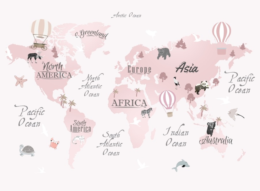Fototapeta w delikatnych odcieniach z małymi zwierzątkami i balonami na kontynentach Różowa Mapa Świata  - zdjęcie numer 2