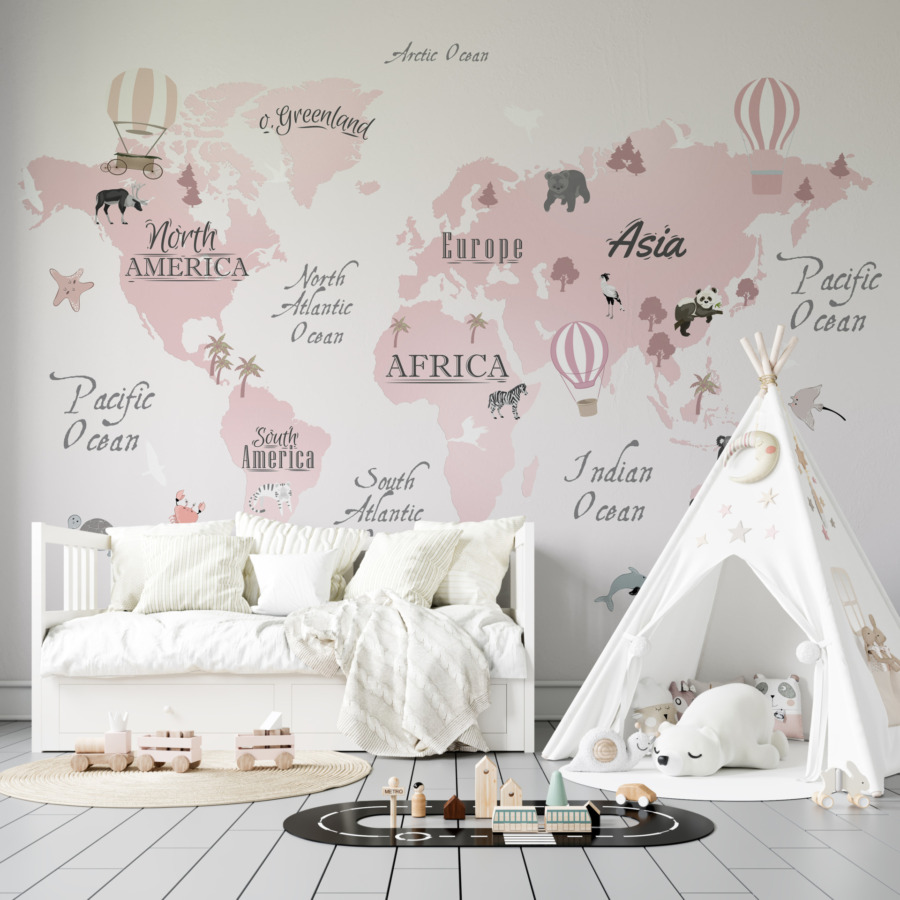 Fototapete in sanften Tönen mit kleinen Tieren und Luftballons auf den Kontinenten Rosa Weltkarte - Hauptproduktbild