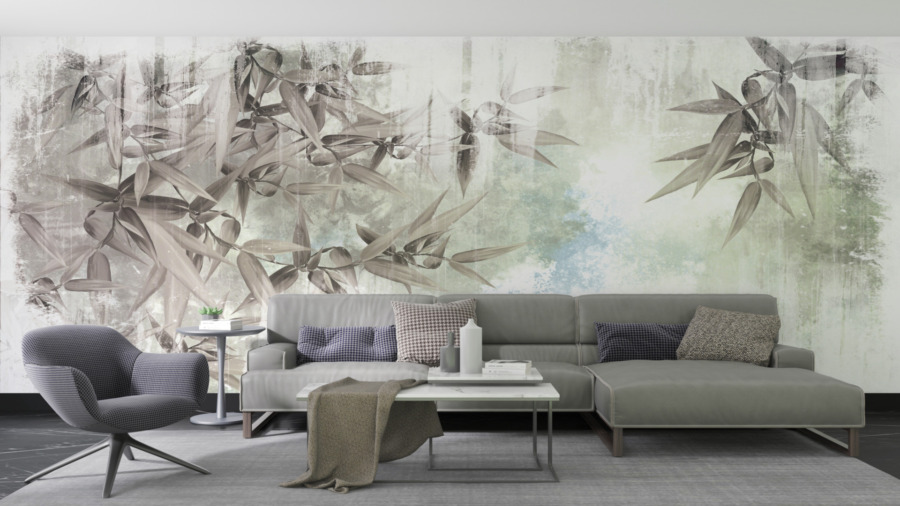 Wandbild mit Blättern auf uneinheitlich verschmiertem Hintergrund Graues Gemüsemotiv - Hauptproduktbild