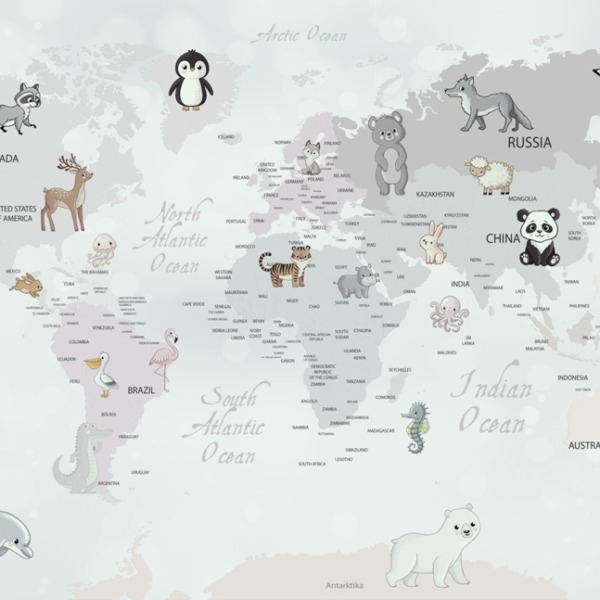 Fototapete Tiere auf einer Weltkarte