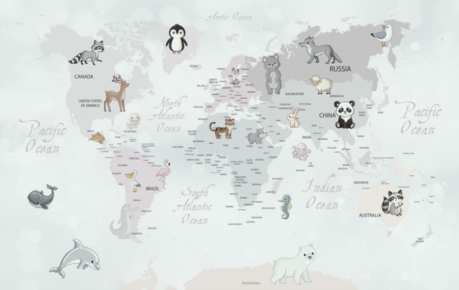 Fototapete mit Bären, Delfinen und anderen Tieren auf den Kontinenten in Grautönen Tiere auf der Weltkarte für Kinder - Bild Nummer 2