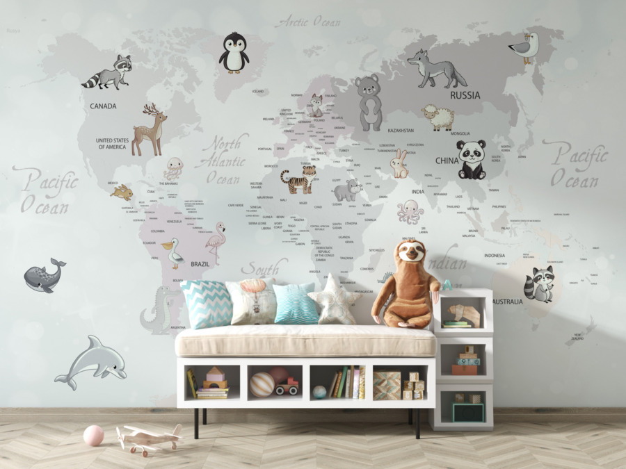 Fototapete mit Bären, Delfinen und anderen Tieren auf den Kontinenten in Grautönen Tiere auf der Weltkarte für Kinder - Hauptproduktbild
