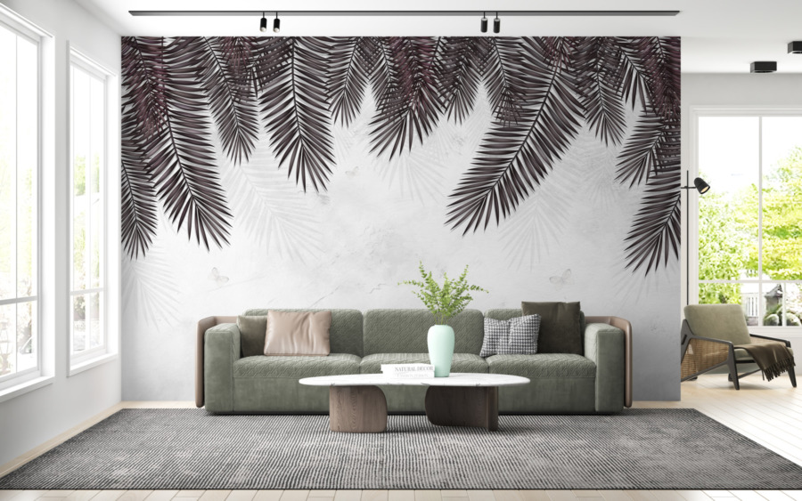 Fototapete in Schwarz und Grau mit Blumenmotiv und Schmetterlingen Black Palm Leaves - Hauptproduktbild