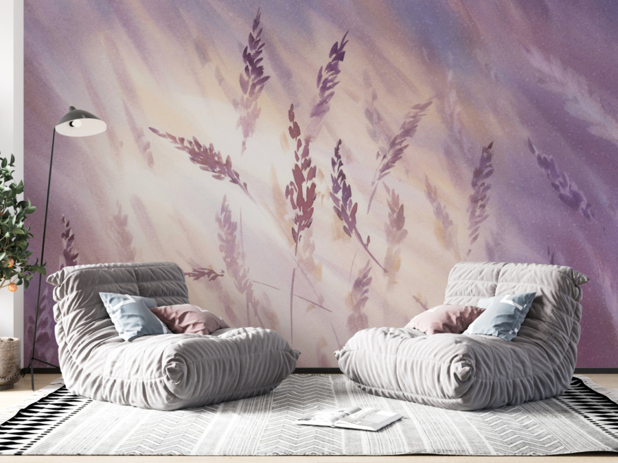 Fototapete in warmen Lila-Tönen mit zartem Grasmotiv im Wind - Purple Grass Vibrancy für das Schlafzimmer - Hauptproduktbild