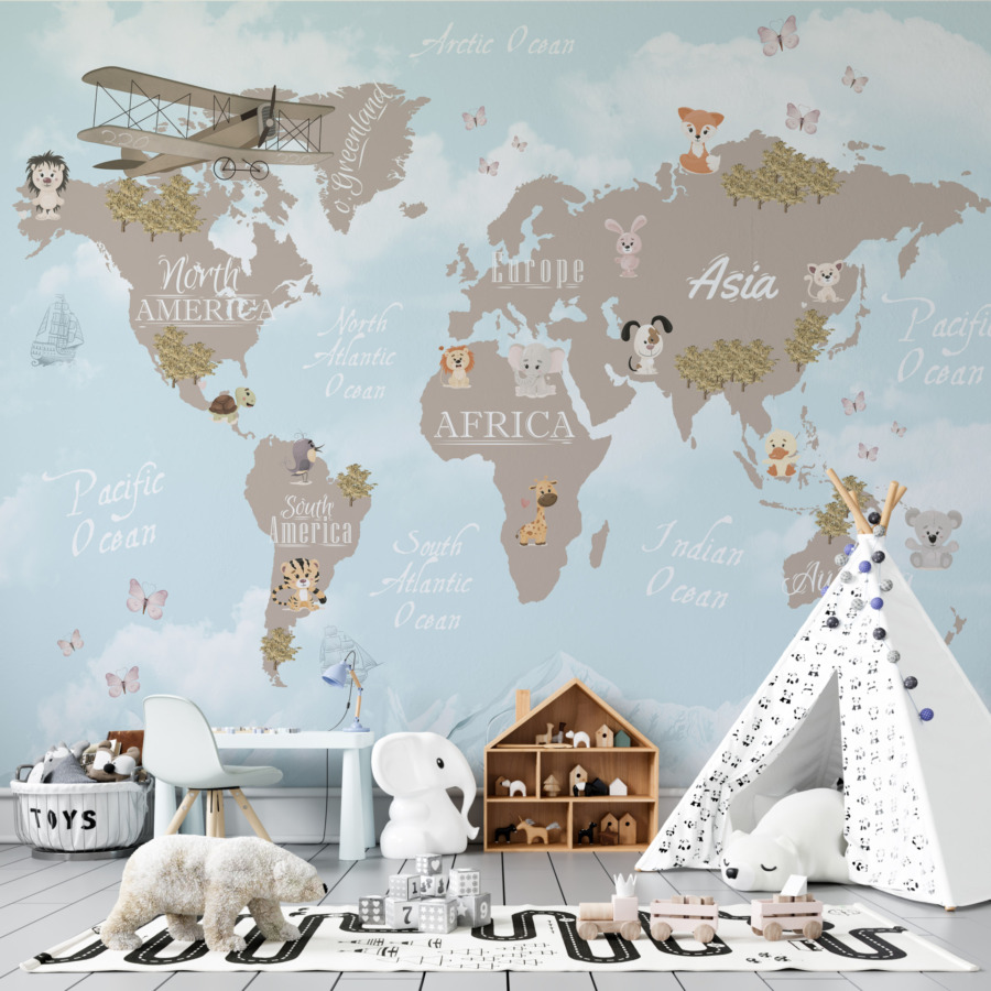 Kinder-Wandbild mit Weltkarte, Tieren und ehemaligem Flugzeug Kontinente zwischen den Wolken - Hauptproduktbild
