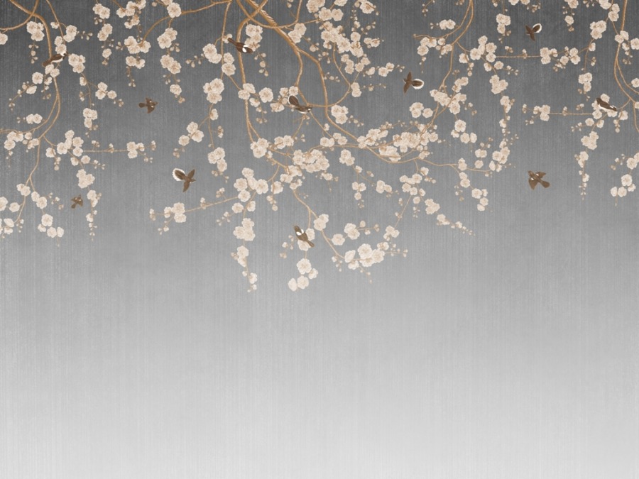 Japanische Kirschblüte und Kraniche Motiv Wandtattoo Blühende Kirschblüte auf grauem Hintergrund - Bild Nummer 2