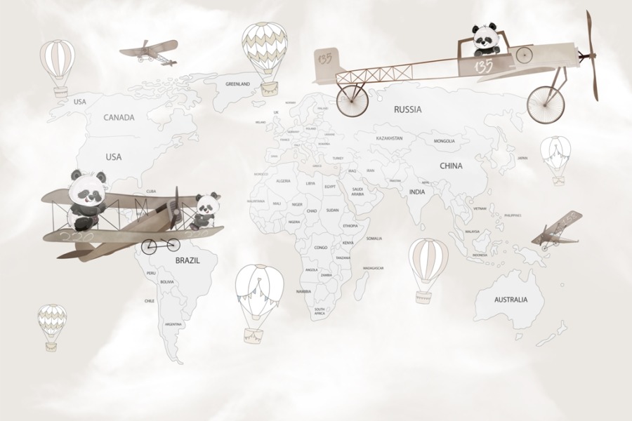 Fototapeta z misiami latającymi starymi samolotami nad mapą świata Pandy Na Mapie Świata - zdjęcie numer 2