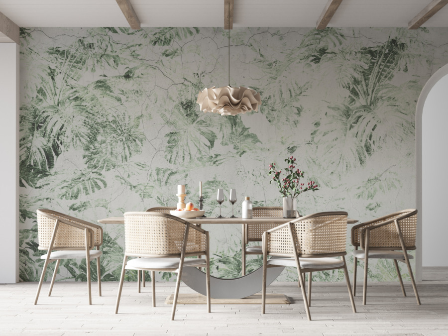 Fototapete im Boho-Stil mit Monstera-Blättern auf weißem Hintergrund Geriebenes Pflanzenmotiv - Hauptproduktbild