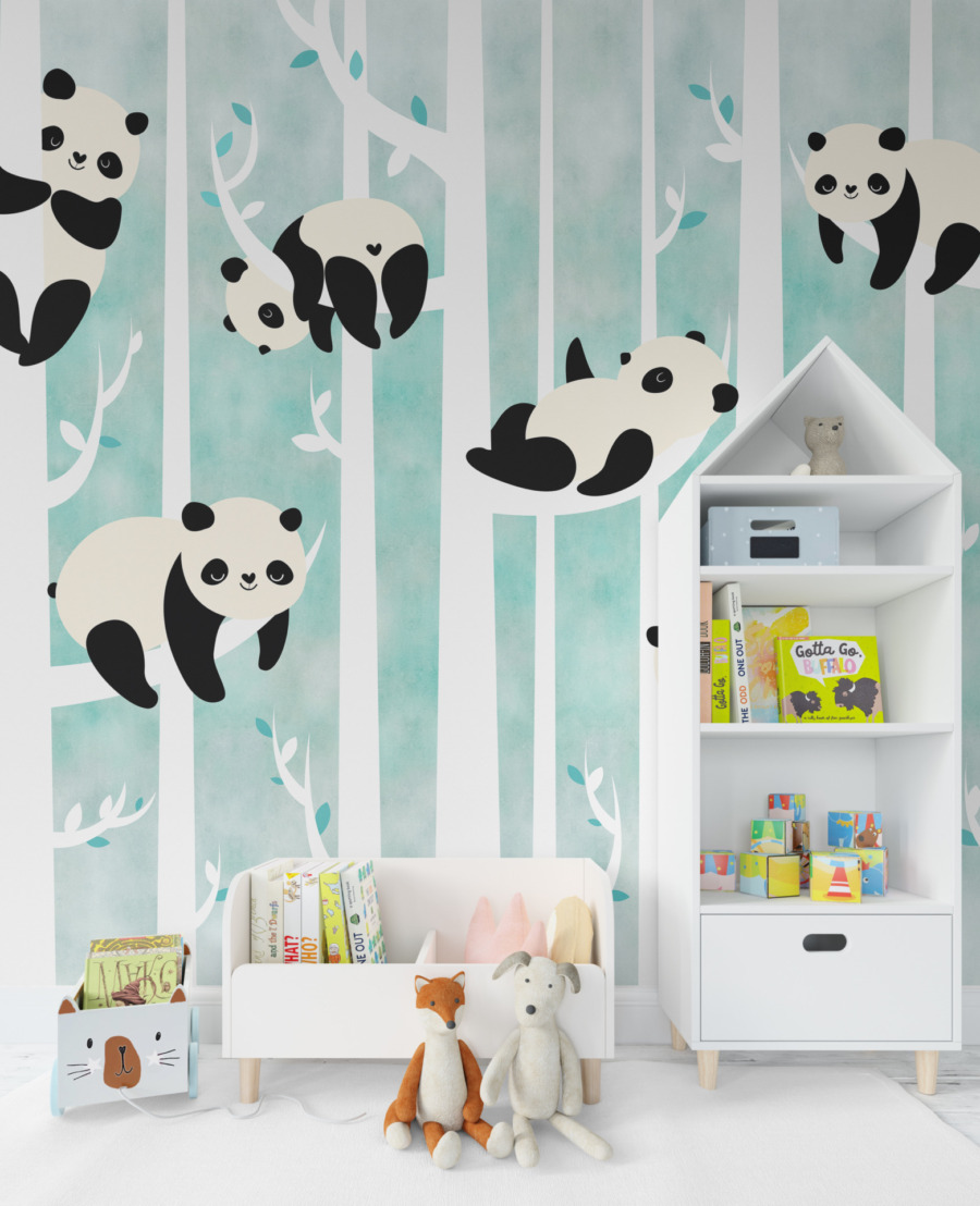 Fototapete in den Farben weiß, schwarz und blau mit fröhlichem Charakter Bambusbären für Kinderzimmer - Hauptproduktbild